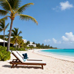 Caribbean Holidays, Barbados Luxury May, Luxury beachfront resort in Barbados in May, turquoise sea, white sand beach, elegant sun loungers and tropical palms