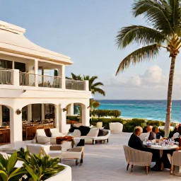Caribbean Holidays, Barbados Luxury October, Elegant luxury hotel terrace overlooking the Caribbean Sea in Barbados, palm trees, white architecture and guests dining outdoors