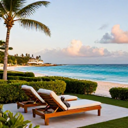 Caribbean Holidays, Barbados Luxury October, Luxury beachfront resort in Barbados during October, turquoise sea, soft morning light, elegant loungers and tropical gardens