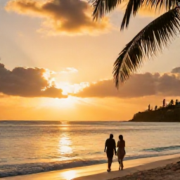 Caribbean Holidays, Barbados Luxury October, Romantic Barbados beach at sunset in October, couple walking beside calm Caribbean waves, warm golden light and palm silhouettes