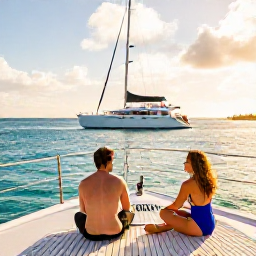 Caribbean Holidays, Barbados Luxury September, Couple enjoying a private catamaran cruise beside the Barbados coast, with turquoise water, golden afternoon light and a relaxed luxury atmosphere