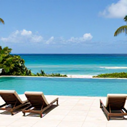 Caribbean Holidays, Barbados Luxury September, Elegant luxury hotel terrace overlooking the Caribbean Sea in Barbados, with infinity pool, comfortable loungers and tropical greenery