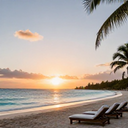 Caribbean Holidays, Barbados Luxury September, Luxury beachfront resort in Barbados at sunrise, with calm turquoise sea, white sand, elegant sun loungers and tropical palms