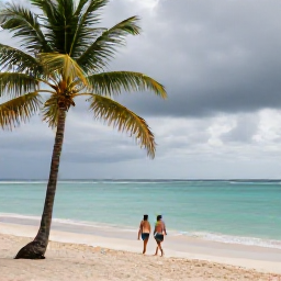Caribbean Holidays, Barbados Luxury September, Luxury holiday couple walking along a quiet Barbados beach after a brief tropical shower, with palms, soft light and calm turquoise sea
