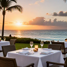 Caribbean Holidays, Barbados Luxury September, Upscale Barbados restaurant at sunset, with elegantly set tables, local Caribbean dishes and views across the sea