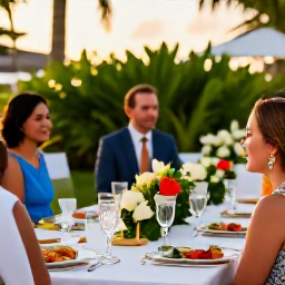Caribbean Holidays, Barbados March Weddings, A happy wedding party enjoying a stylish outdoor reception in Barbados, with tropical greenery, local food and sunset light