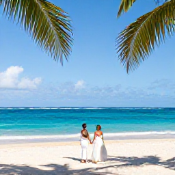 Caribbean Holidays, Barbados March Weddings, A newlywed couple walking along a sunlit Barbados beach in March, with turquoise water, soft sand and swaying palms