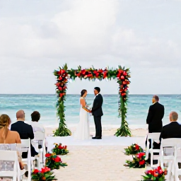 Caribbean Holidays, Barbados March Weddings, An elegant beachfront wedding ceremony in Barbados with white chairs, tropical flowers and the Caribbean Sea behind the couple