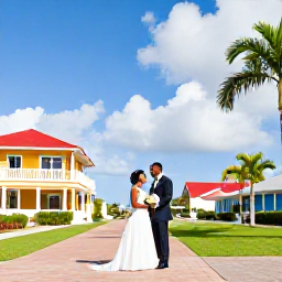 Caribbean Holidays, Barbados March Weddings, Newlyweds exploring Bridgetown Barbados after their wedding, with colourful buildings, palm trees and a bright Caribbean sky