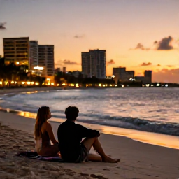 Caribbean Holidays, Barbados May Breaks, Couple enjoying a relaxed evening on a Barbados beach with city lights and warm sunset colours in the background