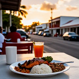 Caribbean Holidays, Barbados May Breaks, Outdoor table serving Bajan fish, rice and peas beside a lively Bridgetown street at sunset