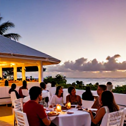 Caribbean Holidays, Barbados Multi-Centre, A Caribbean evening with an outdoor restaurant, local seafood, soft sunset light and travellers enjoying a relaxed holiday atmosphere