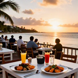 Caribbean Holidays, Barbados Multi-Centre, A Caribbean waterfront restaurant at sunset, with local seafood, colourful drinks and relaxed diners overlooking the sea