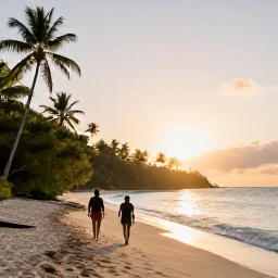 Caribbean Holidays, Barbados Multi-Centre, A couple walking along a quiet Barbados beach at sunset, with tropical greenery and calm Caribbean water