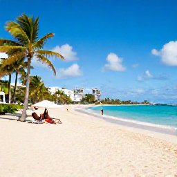 Caribbean Holidays, Barbados Multi-Centre, A golden sandy beach in Barbados in August, with calm blue sea, palm trees and visitors relaxing under umbrellas