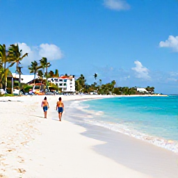 Caribbean Holidays, Barbados Multi-Centre, A sunny Barbados beach in April with turquoise water, white sand, palm trees and a relaxed couple enjoying the shoreline