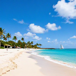 Caribbean Holidays, Barbados Multi-Centre, A sunny Caribbean beach in Barbados with clear turquoise water, golden sand, palm trees and a small sailing boat