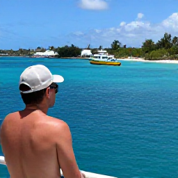 Caribbean Holidays, Barbados Multi-Centre, A traveller enjoying a Caribbean island-hopping holiday, looking across a harbour with tropical islands, ferries and blue sea