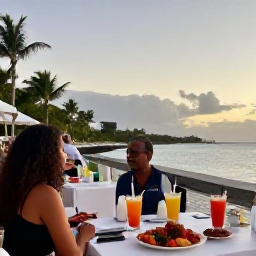 Caribbean Holidays, Barbados Multi-Centre, Barbados evening dining scene beside the sea with fresh seafood, colourful cocktails, soft sunset light and friendly local atmosphere