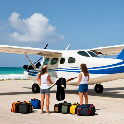 Caribbean Holidays, Barbados Multi-Centre, Travellers enjoying a relaxed island-hopping journey, with a small Caribbean aircraft, tropical coastline and packed holiday bags