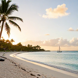 Caribbean Holidays, Barbados Multi-Country, A warm July morning overlooking a bright Caribbean beach in Barbados, with calm turquoise water, palm trees and a small sailing boat