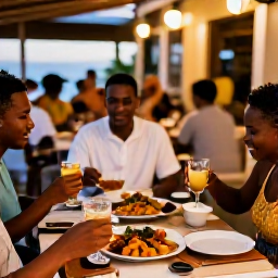 Caribbean Holidays, Barbados Multi-Country, Friends dining outdoors at a Caribbean restaurant in January, local dishes, rum cocktails and warm evening light