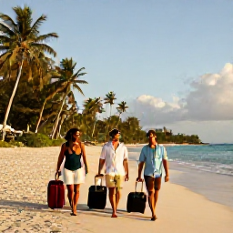 Caribbean Holidays, Barbados Multi-Country, Happy travellers walking along a quiet Caribbean beach at golden hour with luggage and tropical scenery