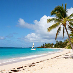 Caribbean Holidays, Barbados Multi-Country Holiday, A bright coastal scene in Barbados in June, with a turquoise sea, golden sand, palm trees and a small sailing boat near the shore