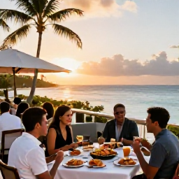 Caribbean Holidays, Barbados Multi-Country Holiday, A stylish Caribbean evening in Barbados, with diners enjoying fresh seafood at a waterside restaurant as the sun sets over the sea