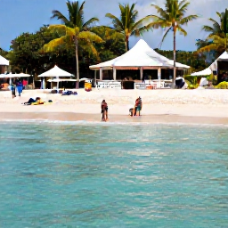 Caribbean Holidays, Barbados Multi-Country Holiday, Travellers relaxing on a Barbados beach in June, with snorkelling equipment, clear shallow water, palm trees and a laid-back beach bar