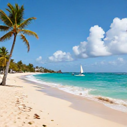 Caribbean Holidays, Barbados Multi-Country Holidays, A bright coastal view of Barbados with turquoise sea, golden sand, palm trees and a small sailing boat near the shore