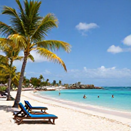 Caribbean Holidays, Barbados Multi-Country Holidays, A peaceful Barbados beach in September with calm turquoise water, sun loungers, palm trees and a couple enjoying a swim
