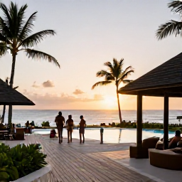 Caribbean Holidays, Barbados Multi-Country Holidays, A stylish Caribbean hotel terrace in Barbados at sunset, with palm trees, a swimming pool and guests enjoying a relaxed evening