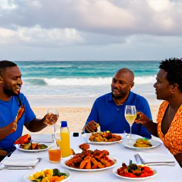 Caribbean Holidays, Barbados Multi-Country Holidays, Elegant Caribbean dinner overlooking the sea in Barbados, featuring fresh seafood, colourful local dishes and a relaxed evening setting