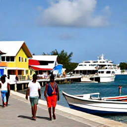 Caribbean Holidays, Barbados Multi-Country Holidays, Travellers walking through a lively Caribbean harbour with colourful buildings, fishing boats and a ferry or cruise vessel in the background