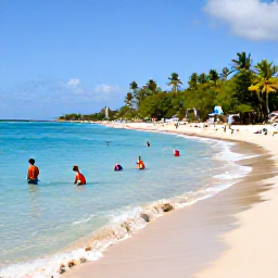 Caribbean Holidays, Barbados Multi-Country Holidays, Visitors swimming and sailing in clear Caribbean water beside a sandy Barbados beach, with palm trees and February sunshine