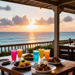 Caribbean Holidays, Barbados Multi-Country, Outdoor Caribbean restaurant at sunset with local dishes, colourful drinks and a view across the sea