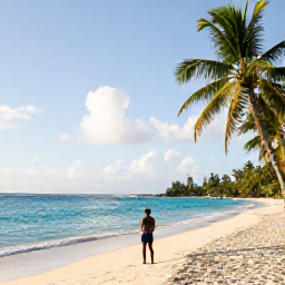 Caribbean Holidays, Barbados Multi-Country, Traveller enjoying a January beach morning on the south coast of Barbados, turquoise water and palm-fringed sand