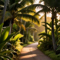 Caribbean Holidays, Barbados Nature Holidays, A quiet Barbados nature trail in July, with lush tropical greenery, tall palms and warm golden morning light