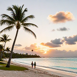 Caribbean Holidays, Barbados Nature Holidays, A relaxed Barbados beach at sunset in August, with palm trees, calm turquoise water and a couple walking along the shore