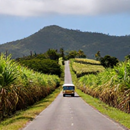 Caribbean Holidays, Barbados Nature Holidays, A scenic Barbados countryside road through sugar cane fields, with a local bus or small car and tropical hills in the distance