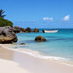 Caribbean Holidays, Barbados Nature Holidays, Barbados coastline with calm turquoise water, coral rocks, sea turtles and a small boat near a quiet sandy beach
