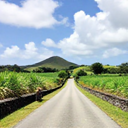Caribbean Holidays, Barbados Nature Holidays, Barbados countryside with green sugar cane fields, a quiet country road, stone walls and distant hills under bright Caribbean skies