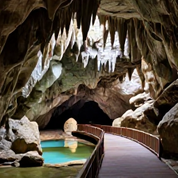 Caribbean Holidays, Barbados Nature Holidays, Entrance and interior atmosphere of Harrison's Cave in Barbados, showing dramatic limestone formations, underground pools and a guided walking path