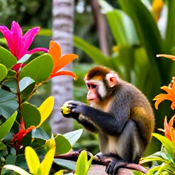 Caribbean Holidays, Barbados Nature Holidays, Green Monkey feeding in a lush Barbados garden surrounded by tropical plants and colourful flowers