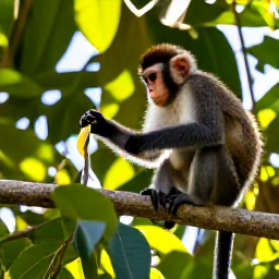 Caribbean Holidays, Barbados Nature Holidays, Green Monkey feeding quietly in a Barbados forest garden with tropical leaves and filtered sunlight