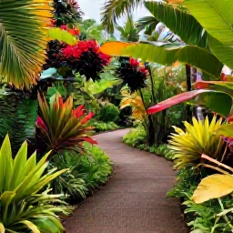 Caribbean Holidays, Barbados Nature Holidays, Hunte's Gardens in Barbados, showing winding paths, dense tropical plants, palms and colourful flowers in soft daylight