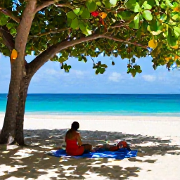 Caribbean Holidays, Barbados Nature Holidays, Relaxed nature holiday scene in Barbados with a shaded beach picnic, tropical trees and a bright Caribbean sea