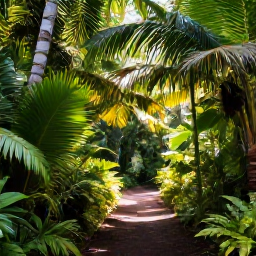 Caribbean Holidays, Barbados Nature Holidays, Tropical forest trail in Barbados with palms, ferns, broadleaf plants and soft filtered sunlight