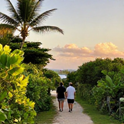 Caribbean Holidays, Barbados Nature Holidays, Visitors walking beside a quiet Barbados nature trail at golden hour, with tropical vegetation, distant ocean views and warm natural light